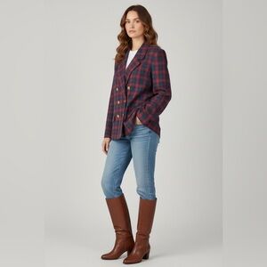 Vtg Double Breasted Blazer Wool Jacket 90s Red Tartan Plaid Preppy Large FLAW